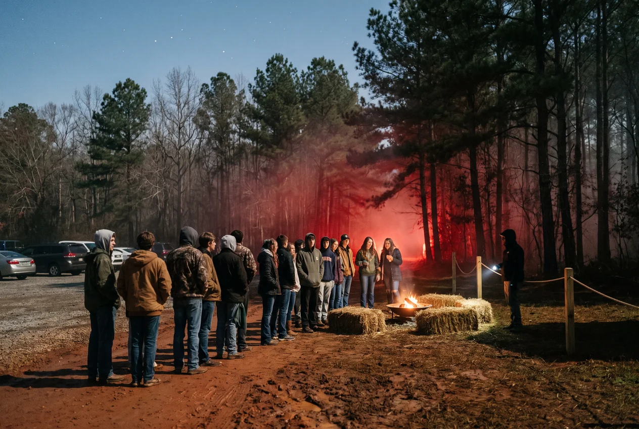 Visitors in fall jackets waiting in line at night at the edge of a pine forest on a farm, fog drifting from a trail entrance under red light