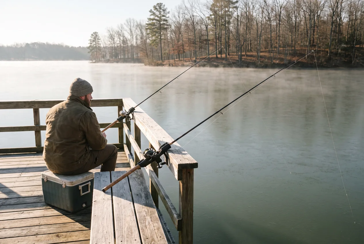 An angler on a county fishing pier at Lake Norman on a cold, bright morning, two rods in holders, the lake wide and flat behind