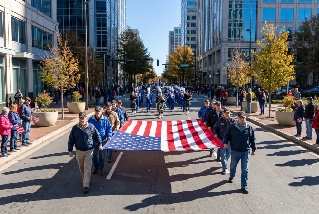 Veterans in unit ball caps marching south down Tryon Street through Uptown Charlotte on a clear November morning, glass towers on both sides and spectators with small American flags